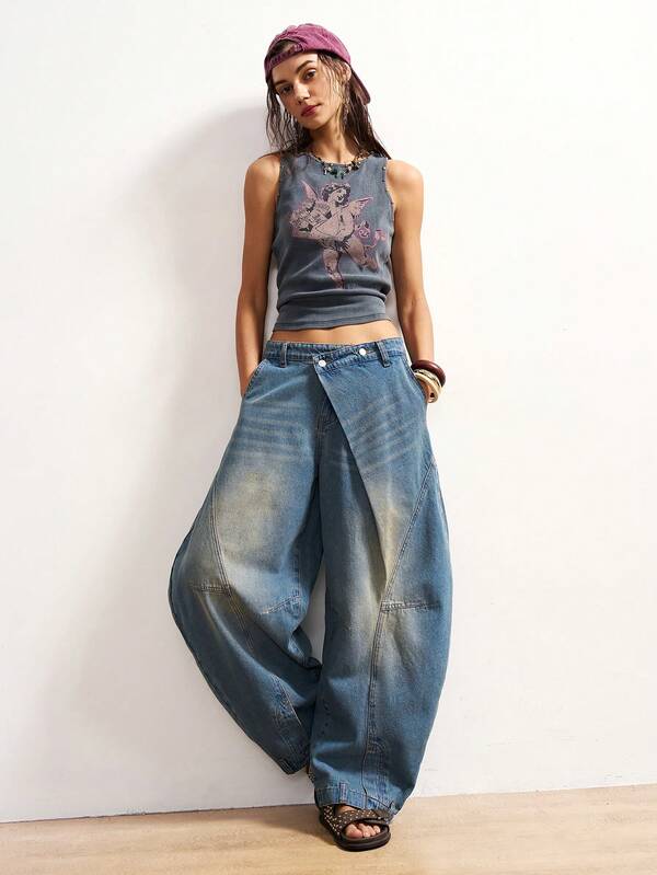 Bohemela Women's Casual Washed Low-Waist Flared Leg Jeans