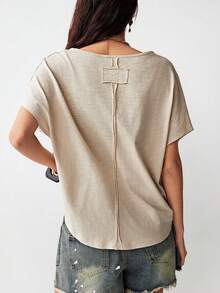 Bohemela 女士休闲针织拼接V领短袖宽松T恤 - 杏色 - 查看 7