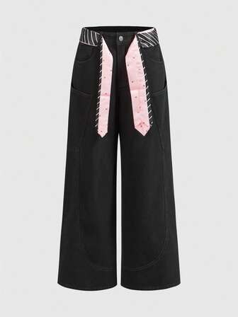 ROMWE Avant Unisex Jeans mit tiefer Taille, dekonstriertem Design, weiten Taschen, schwarzer gerader Passform und weiter Silhouette