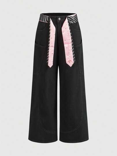 ROMWE Avant Jeans unisex a vita bassa, design decostruito, con tasche larghe, gamba dritta, vestibilità morbida, colore nero