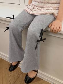 DAZY Pantalones casuales y versátiles con pernera acampanada y decoración de lazo para niñas - Gris - Ver 4