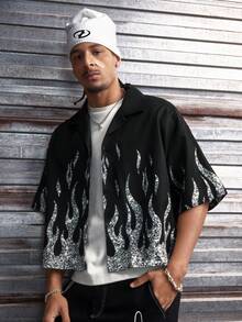 AXEPEAK Men's Front Button Short Sleeve Dropped Shoulder Casual Loose Flame Pattern Shirt - Black - View 4