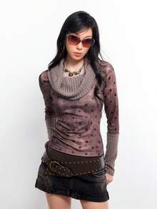 Bloopia 女士Y2K波点印花长袖时尚上衣 - 駝色 - 查看 3