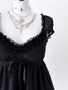 Sunspun Áo kiểu dáng dễ thương cho bé gái cỡ lớn, chất liệu chiffon đen, chấm bi, cổ chữ V khoét eo, viền ren và bèo nhún, tôn dáng. - màu đen - Xem 3