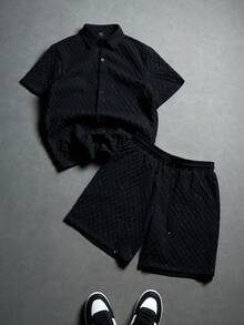 PAVTROS 男士休闲短袖衬衫短裤套装 男士黑色短裤套装 男士服装短裤套装 男士两件套 黑色钩针男士短裤套装 男士短裤套装 - 黑色 - 查看 1