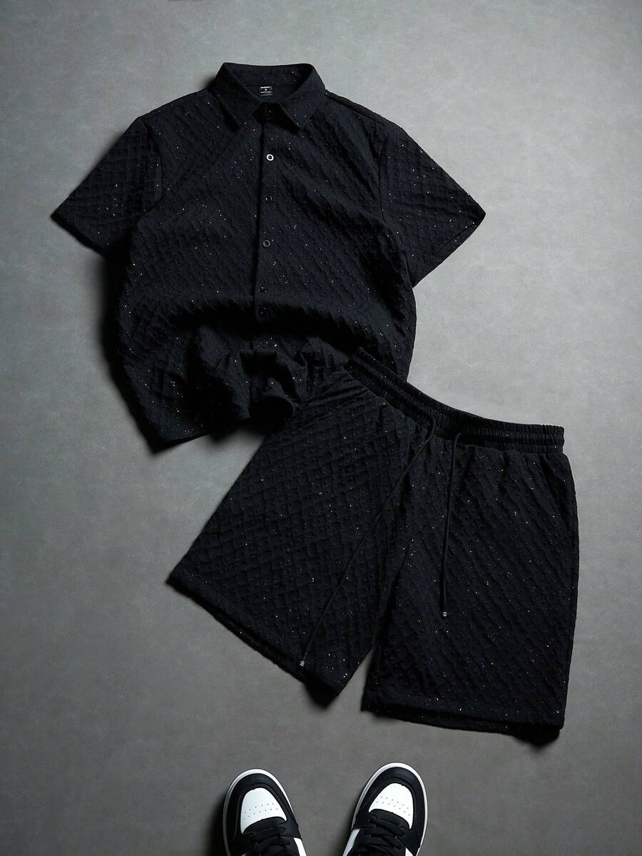 PAVTROS 男士休闲短袖衬衫短裤套装 男士黑色短裤套装 男士服装短裤套装 男士两件套 黑色钩针男士短裤套装 男士短裤套装 - 黑色 - 查看 1