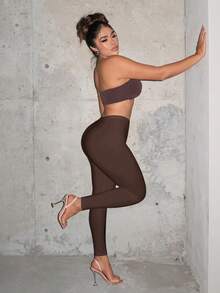 SHEIN SXY 女士纯色高腰休闲百搭日常瑜伽紧身裤 - 棕色 - 查看 3