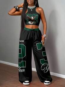 Slaydiva 女士黑色涤纶休闲字母印花圆领吊带露脐上衣和口袋裤两件套套装 - 黑色 - 查看 5