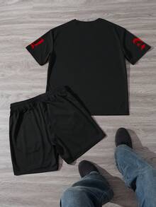 Manfinity LEGND Men's Letter Print Round Neck Short Sleeve T-Shirt And Drawstring Waist Shorts Casual Outfit