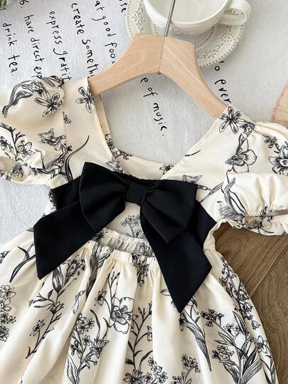 SHEIN LMoss Kids 女婴碎花圆领泡泡袖休闲连衣裙