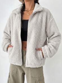 SHEIN Cottnline 女士拉链落肩泰迪熊加大码外套 - 奶油色 - 查看 5
