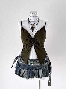 Sunspun Plus Size Solid Color Criss-Cross Chest Slit Camisole - Army Green - View 3
