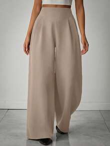 EURMUSE Pantalones anchos de mujer con detalles plisados de unicolor - Beis - Ver 3