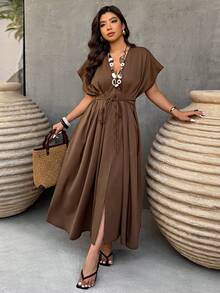SHEIN LUNE Plus Size Women's Deep V-Neck Pleated Waist A-Line Casual Long Dress, Spring/Summer - Brown - View 1