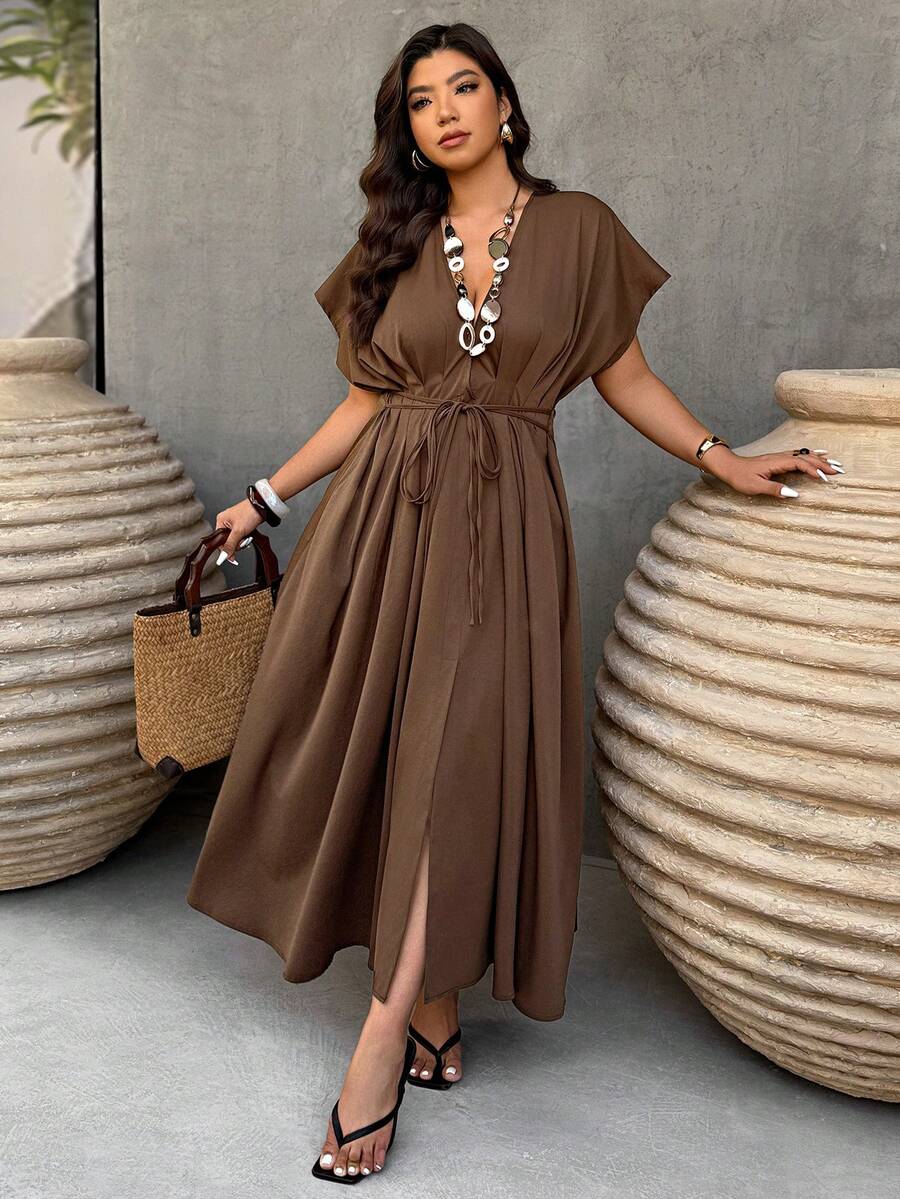 SHEIN LUNE Plus Size Women's Deep V-Neck Pleated Waist A-Line Casual Long Dress, Spring/Summer - Brown - View 1