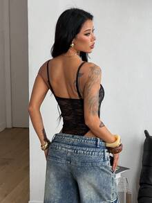 Coolane Women's Summer Festival Club Outfits Sexy Y2K Music Festival Lace Black Slim Fit Bodysuit