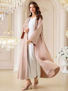 Al Najma Áo Abaya dài tay màu trơn dành cho nữ, trang trí ngọc trai, kiểu dáng thanh lịch, dáng rộng, phong cách Ả Rập. - Lạc đà - Xem 6