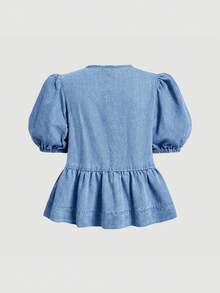 SHEIN MOD 女士休闲系带泡泡袖荷叶边下摆牛仔衬衫，夏季 - 淺色水洗藍 - 查看 2