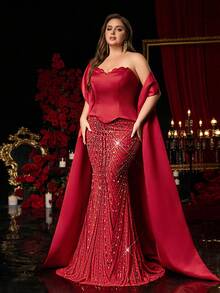 Glamrae Váy cưới đuôi cá sang trọng, đính cườm, viền bèo nhún, chất liệu satin đỏ lãng mạn, cỡ lớn, không dây, đính kim sa lấp lánh, phù hợp cho đám cưới, tiệc tùng, sự kiện kỷ niệm, đầm dạ hội trang trọng (Bộ 2 món) - Màu Đỏ Sâu - Xem 5