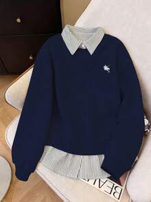 Resyla Sudadera de manga larga de uso diario versátil y casual con cuello a rayas, parches y bordado de caballero - azul real - Ver 3