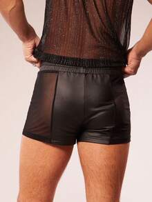 FeverCity 男士网眼PU水钻装饰休闲短裤 - 黑色 - 查看 2