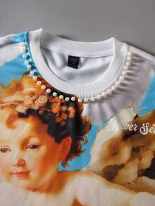 ROMWE MEN T-shirt à manches courtes de style décontracté, de vacances et de mode de rue pour hommes, avec imprimé ange et décoration de fausses perles - Multicolore - Voir 2