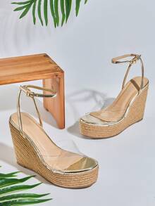 SHUZIA Women's Fashion Comfy Round Toe Perspex Strap Chunky Sole Platform Wedge Sandals - Gold - View 7