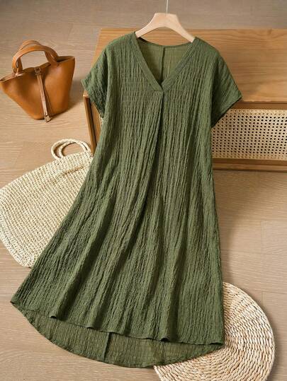 Rusticease 女士V领蝙蝠袖高低摆夏季连衣裙