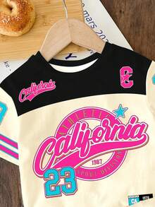 2pcs/Set Young Girl Casual Retro Collegiate Sports Number 23 Print Short Sleeve T-Shirt And Shorts Set, Suitable For Summer, Back To School