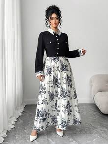 SHEIN Elenzya Robe décontractée à manches longues avec taille cintrée et imprimé, tailles grandes