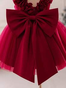 Glamorique Kids 女婴勃艮第缎面网眼高端礼服，3D 花朵，大蝴蝶结后背，蓬松裙摆，适合圣诞节、万圣节、婴儿生日派对，无袖套头连衣裙，适合庆祝、宴会、派对 - 酒紅色 - 查看 5