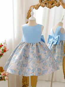 SHEIN Glamorique Kids 少女洋裝，大蝴蝶結，適合正式場合，生日派對花童，夏季，舞會禮服婚禮藍金優雅 - 藍色 - 查看 3