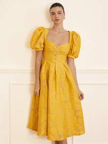 BELROSIE Yellow,Summer,Elegant,Wedding Guest Women's Sweet Princess-Style Floral Puff Sleeve Dress With Pearl Button, High Neck Line Date - Yellow - View 4