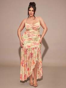 SHEIN BAE 大码女式黄色碎花荷叶边领口开衩连衣裙，优雅荷叶边连衣裙 - 黃色 - 查看 4