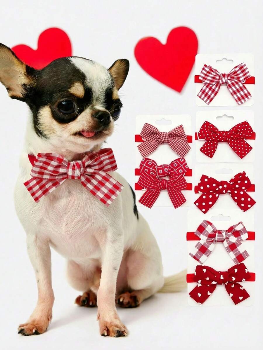 PETSIN 1 Piece Pet Valentine's Day Red Plaid Stripe Bow Tie Collar Pet Bow Tie Necklace Pet Accessory Valentine's Holiday Pet Supplies