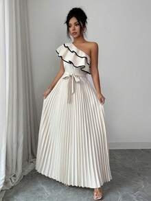 Elenzga 女士杏色撞色黑色系带腰部荷叶边露肩中长连衣裙，优雅的A字腰带设计，高品质精致风格，适合生日、约会、派对、工作、上学、度假、春夏等场合。 - 杏色 - 查看 4