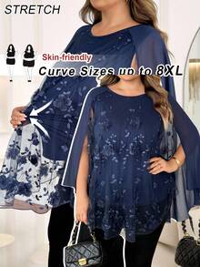SHEIN CURVE+ Áo sơ mi nữ cỡ lớn cổ tròn tay dài, kiểu dáng thường ngày, thích hợp cho tiệc tùng, chất liệu vải bóng. - Màu xanh hải quân - Xem 1