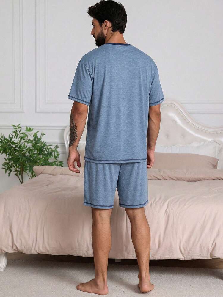 Men's Blue Short Sleeve T-Shirt And Shorts Pajama Set, Summer