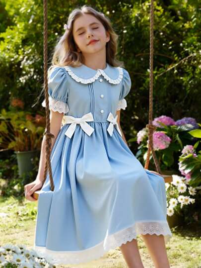 Tween Girls Peter Pan Collar Puff Sleeve Cute Girl Waist Bow Decor White Dresses Lolita Dress Sky Blue Dresses For Girls Puff Sleeves Dress Girl