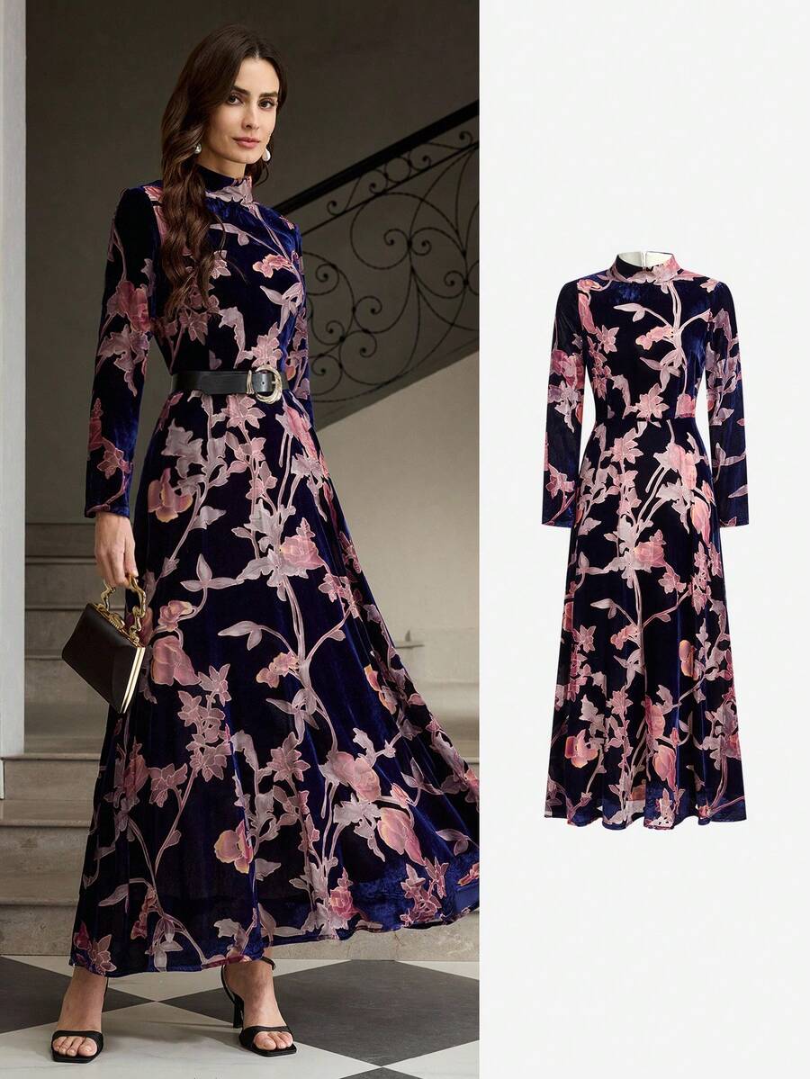 ZEYLAH Women's Elegant Party Floral Print Dress - Navy Blue - View 1