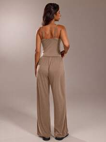 Avantive 休闲度假宽松纯色夏季吊带露背上衣和裤子套装 - 駝色 - 查看 2