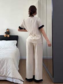 Dream Adore 2pcs Women Contrast Color Collar Top & Pleated Fabric Cardigan And Pants Pajama Set - Apricot - View 2