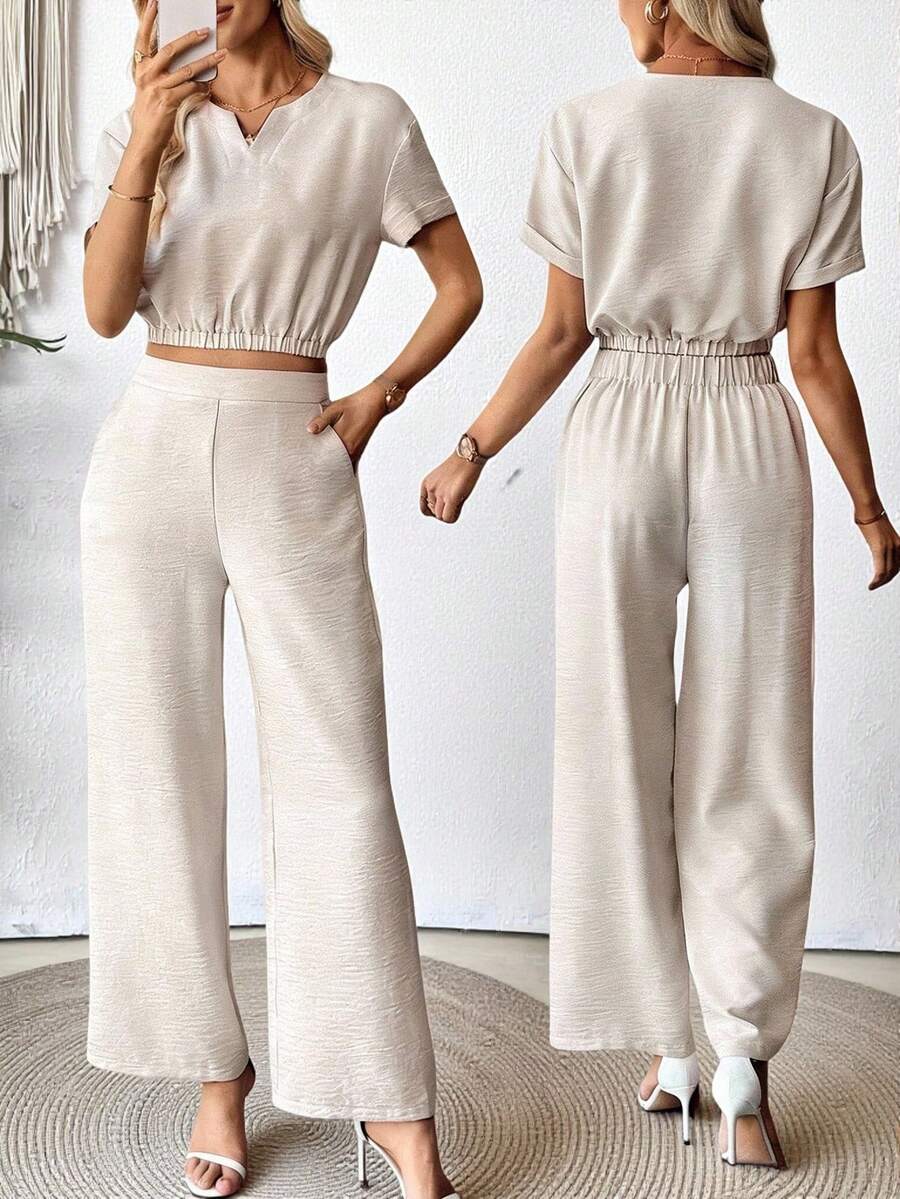 EMERY ROSE 夏季优雅新款纯色圆领V领宽松落肩短袖女式短袖衬衫+阔腿裤女士休闲套装，适合通勤女士两件套 - 杏色 - 查看 1