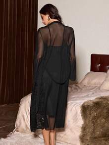 2pcs Mature & Sexy Hollow Out Slip Dress & Robe Sleepwear Set For Women Sexy 2piece Nightgown Robe Lingerie Set Lace Sleepwear Lingerie Sleepwear - Black - View 2