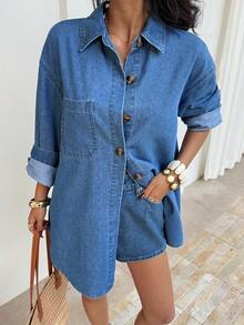 Sunnyshic Casual Loose Denim Jacket For Women - Blue - View 5