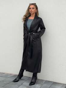 Jeta Ari 复古翻领单排扣长袖皮夹克女款，高腰系带开衫风衣，秋季女装黑色皮质风衣 - 黑色 - 查看 1