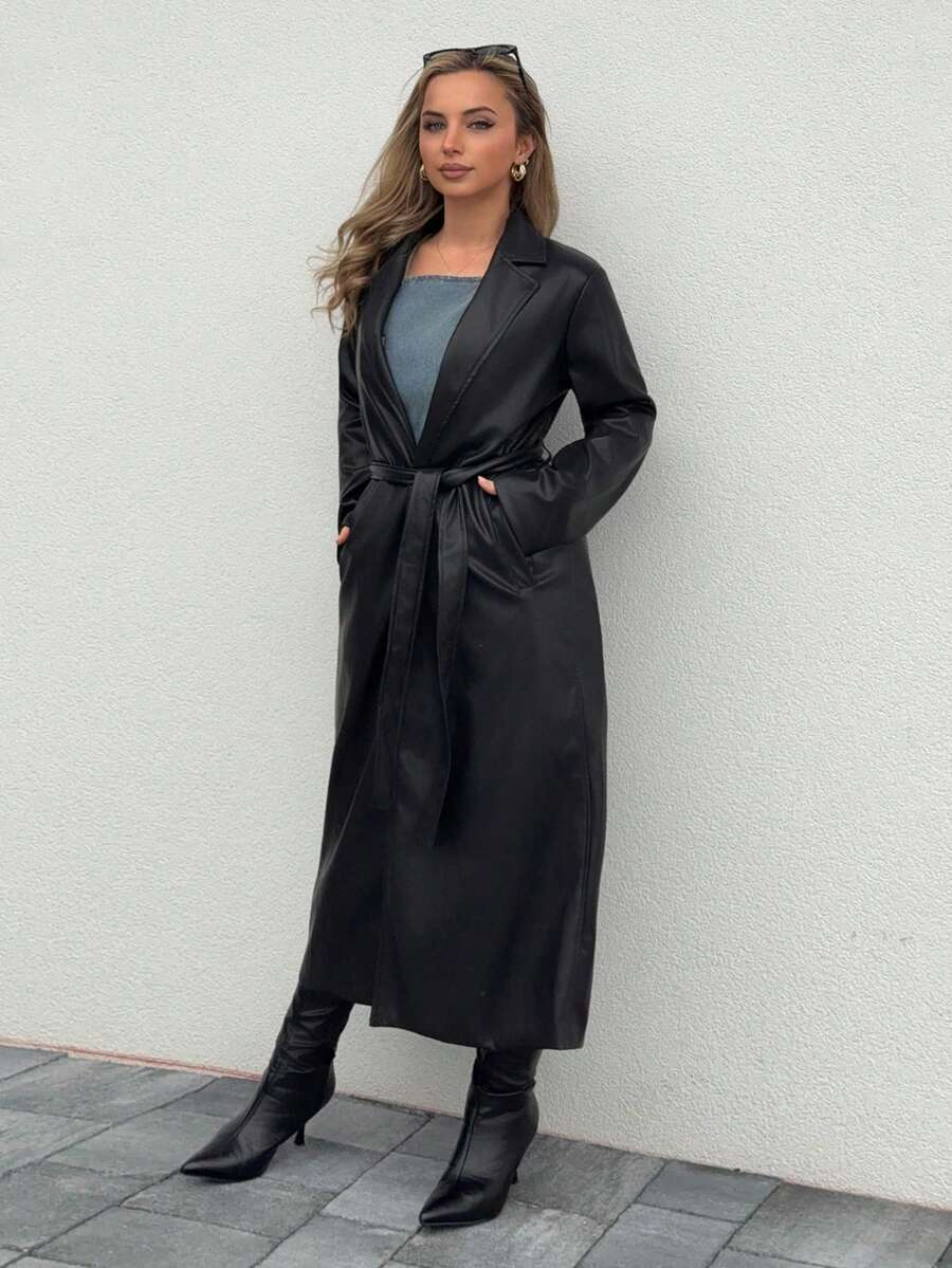 Jeta Ari 复古翻领单排扣长袖皮夹克女款，高腰系带开衫风衣，秋季女装黑色皮质风衣 - 黑色 - 查看 1