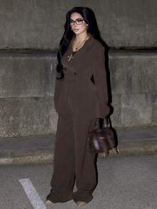 AfricaSnchz 女士缺角领夹克和裤子通勤日常基本款商务套装秋冬 - 咖啡棕 - 查看 5