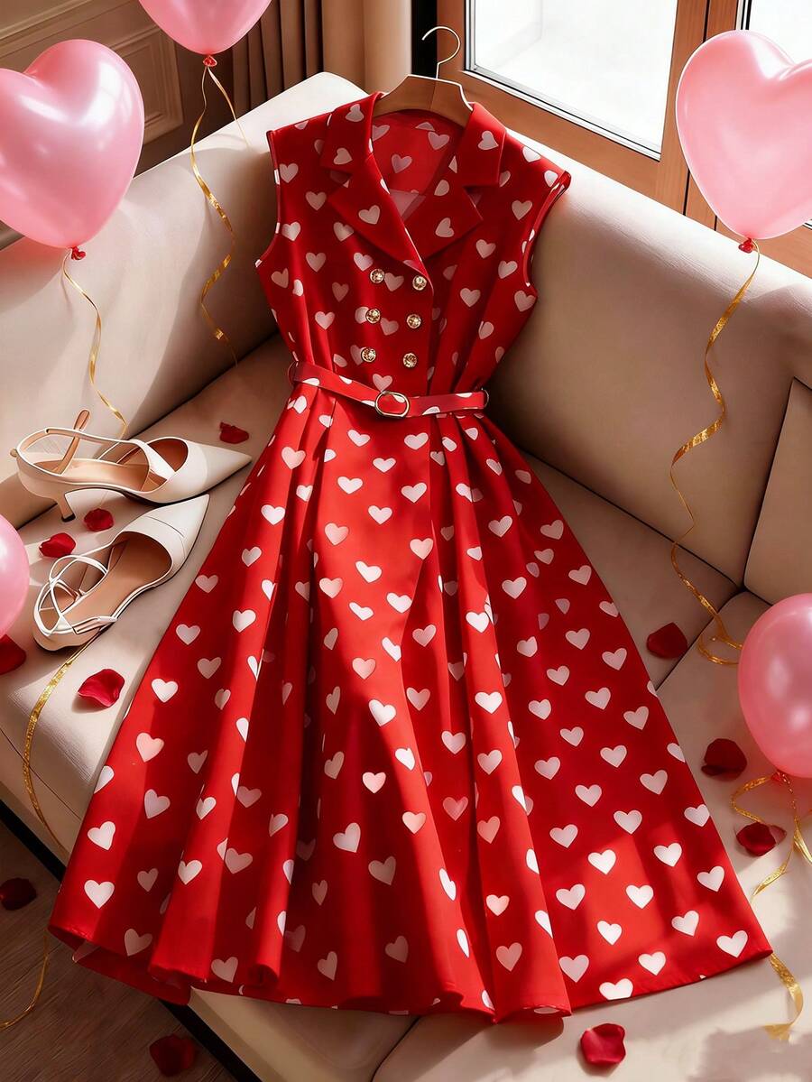 GlowEve Đầm nữ dáng lửng không tay, hai hàng cúc, in hình trái tim, thanh lịch kiểu cổ điển. - Đỏ - Xem 1