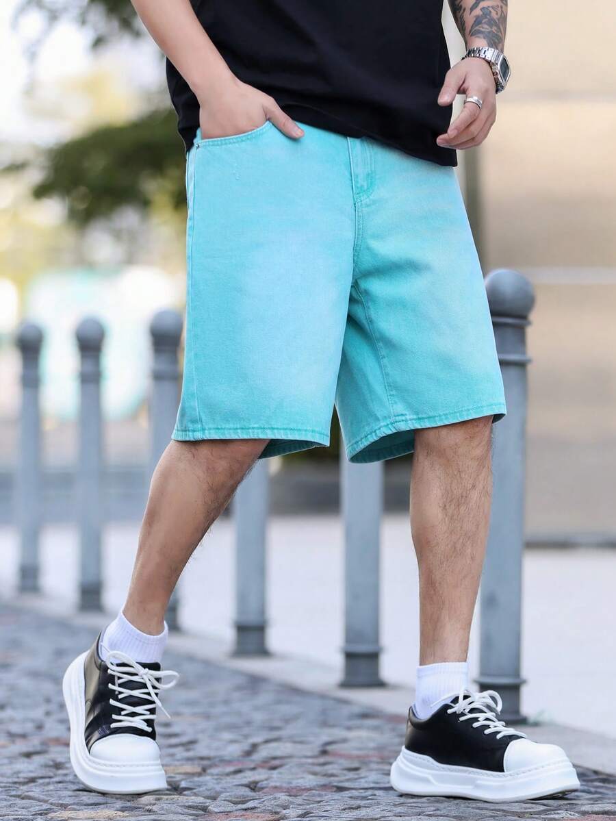 Manfinity Homme Quần short denim nam màu trơn, dáng rộng, thoải mái. - màu xanh lá - Xem 1